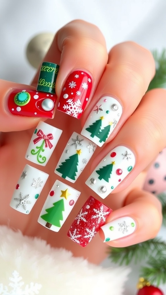 Elegant square Christmas nails with festive designs in red, green, and white.